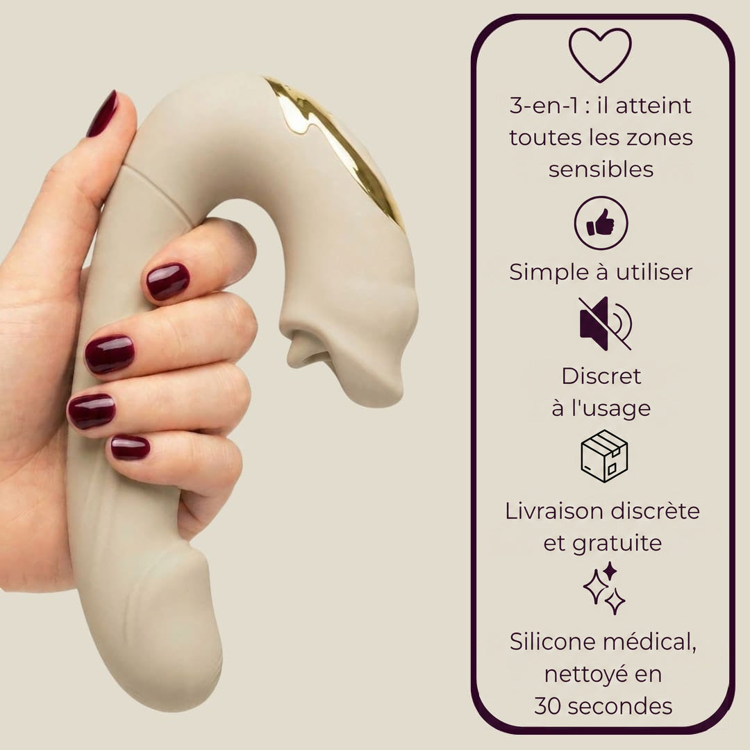 L’appareil 3-en-1 tenu en main, et ses cinq points clés : zones sensibles, prise en main simple, usage discret, livraison discrète, silicone médical